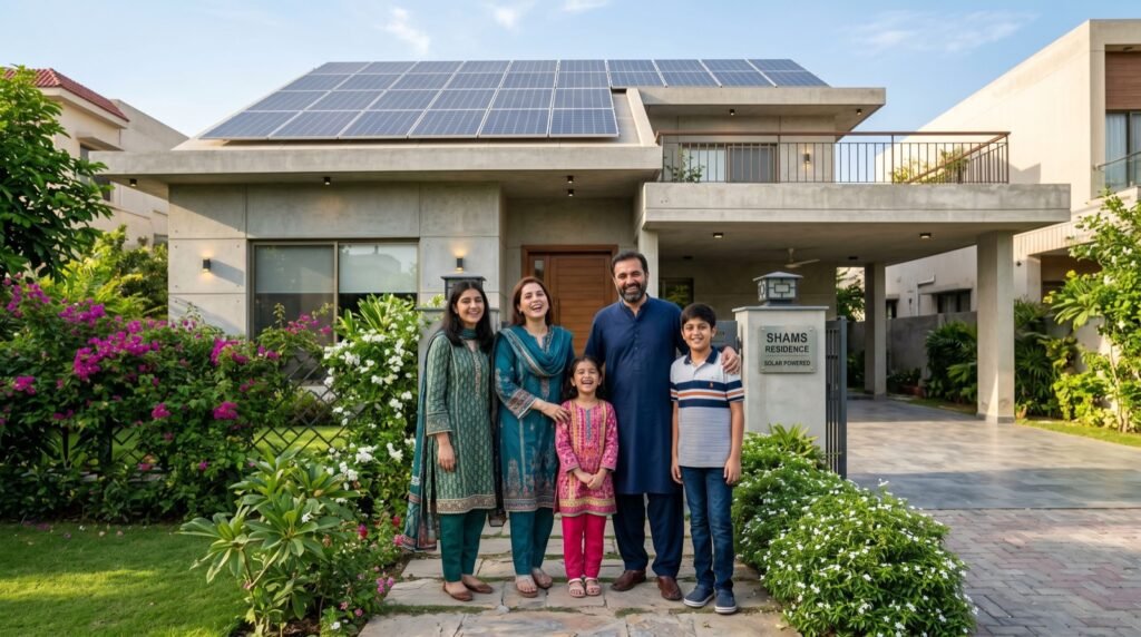 Happy family in front of a home with solar panels